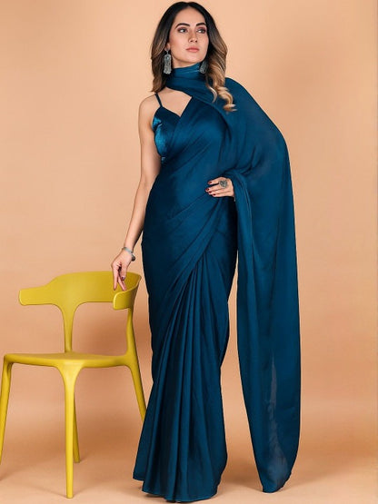 Teal Fandy Solid Saree With Blouse by for Women