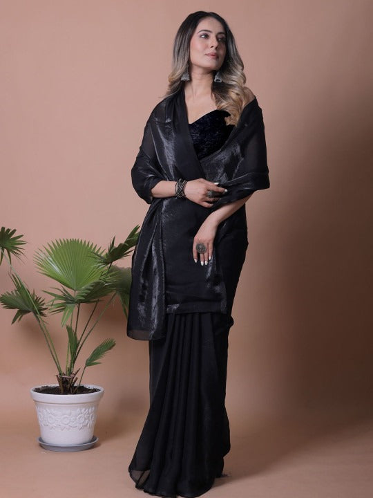 Black Fandy Solid Saree With Blouse for Women