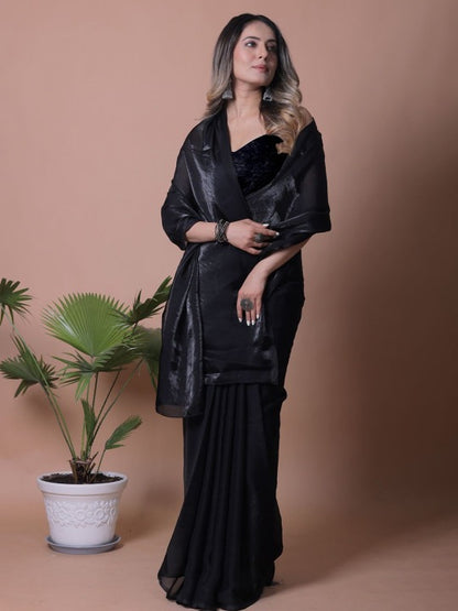 Black Fandy Solid Saree With Blouse for Women