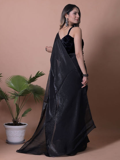 Black Fandy Solid Saree With Blouse for Women