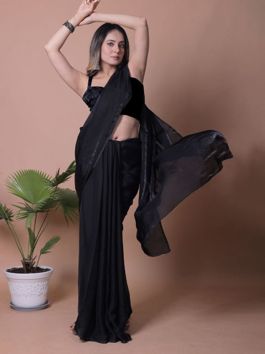 Black Fandy Solid Saree With Blouse for Women