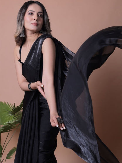 Black Fandy Solid Saree With Blouse for Women