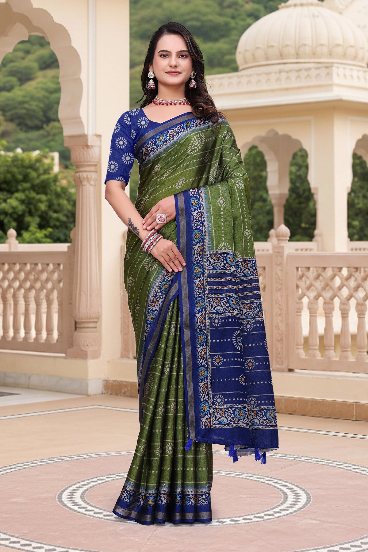Green Mal Cotton Printed Saree for Women