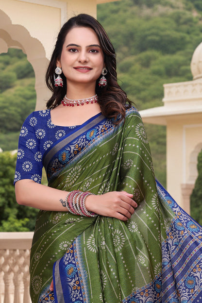 Green Mal Cotton Printed Saree for Women