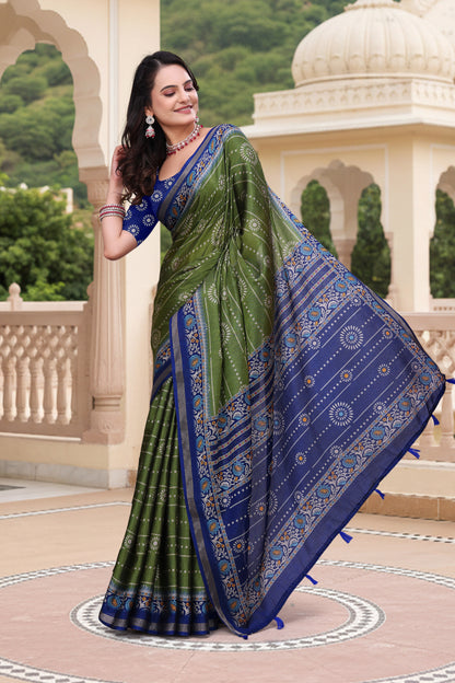 Green Mal Cotton Printed Saree for Women