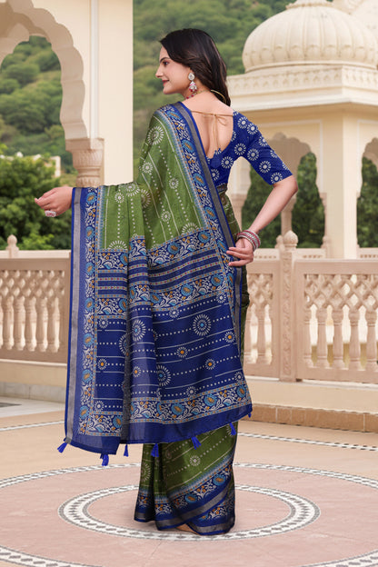 Green Mal Cotton Printed Saree for Women