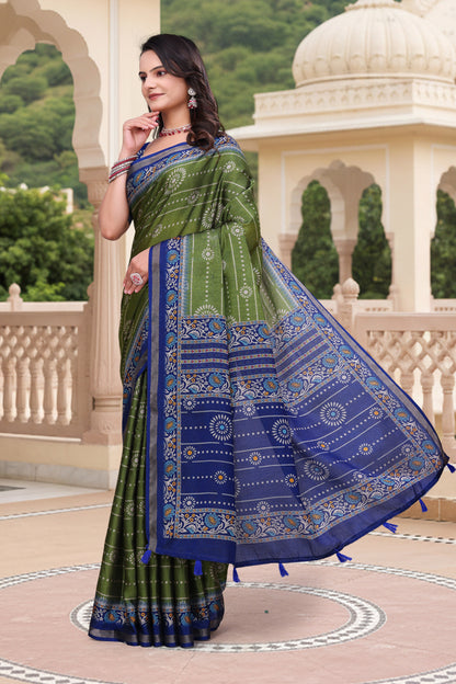 Green Mal Cotton Printed Saree for Women