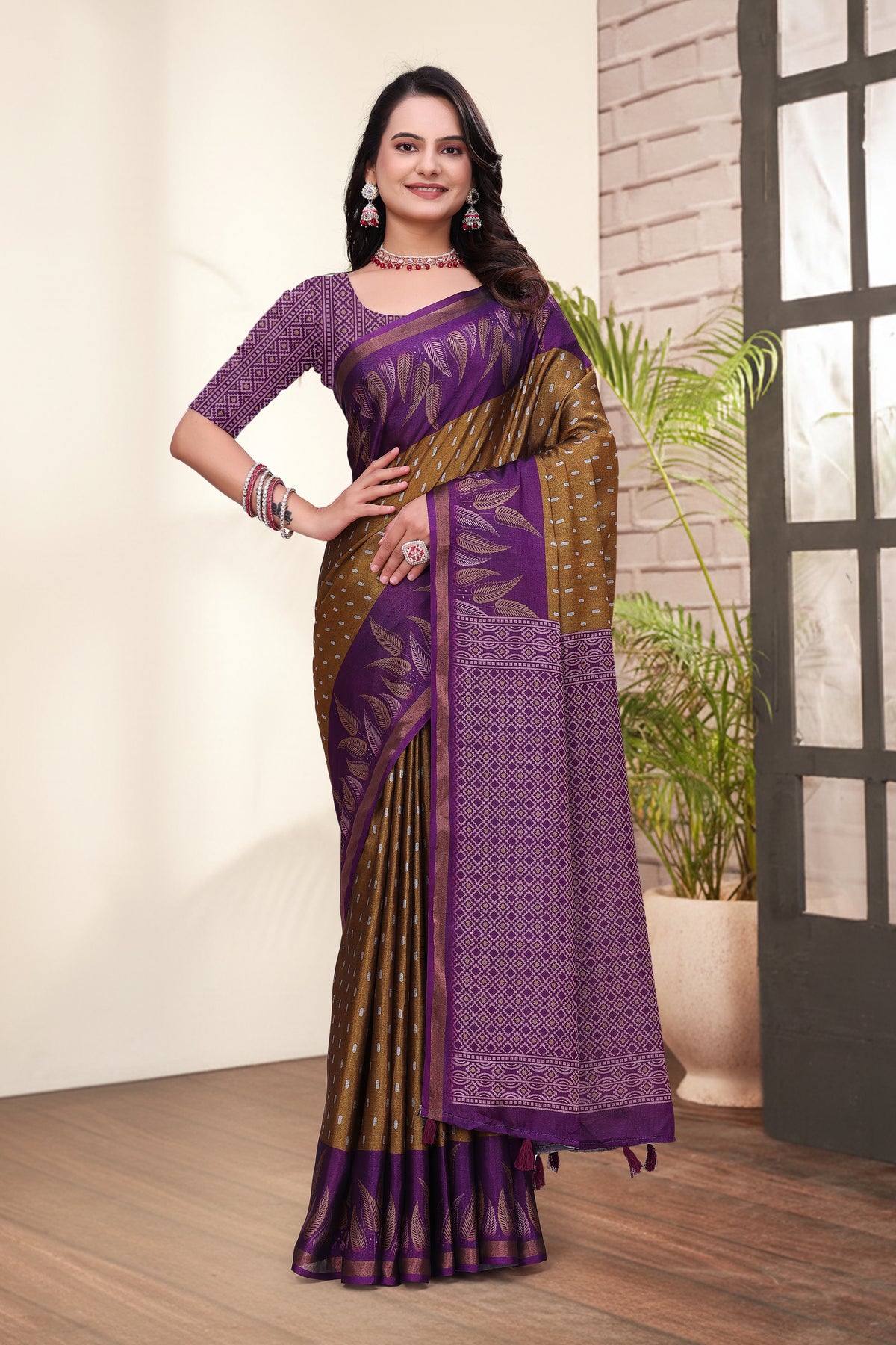 Purple Mal Cotton Printed Saree &amp; Blouse Set for Women