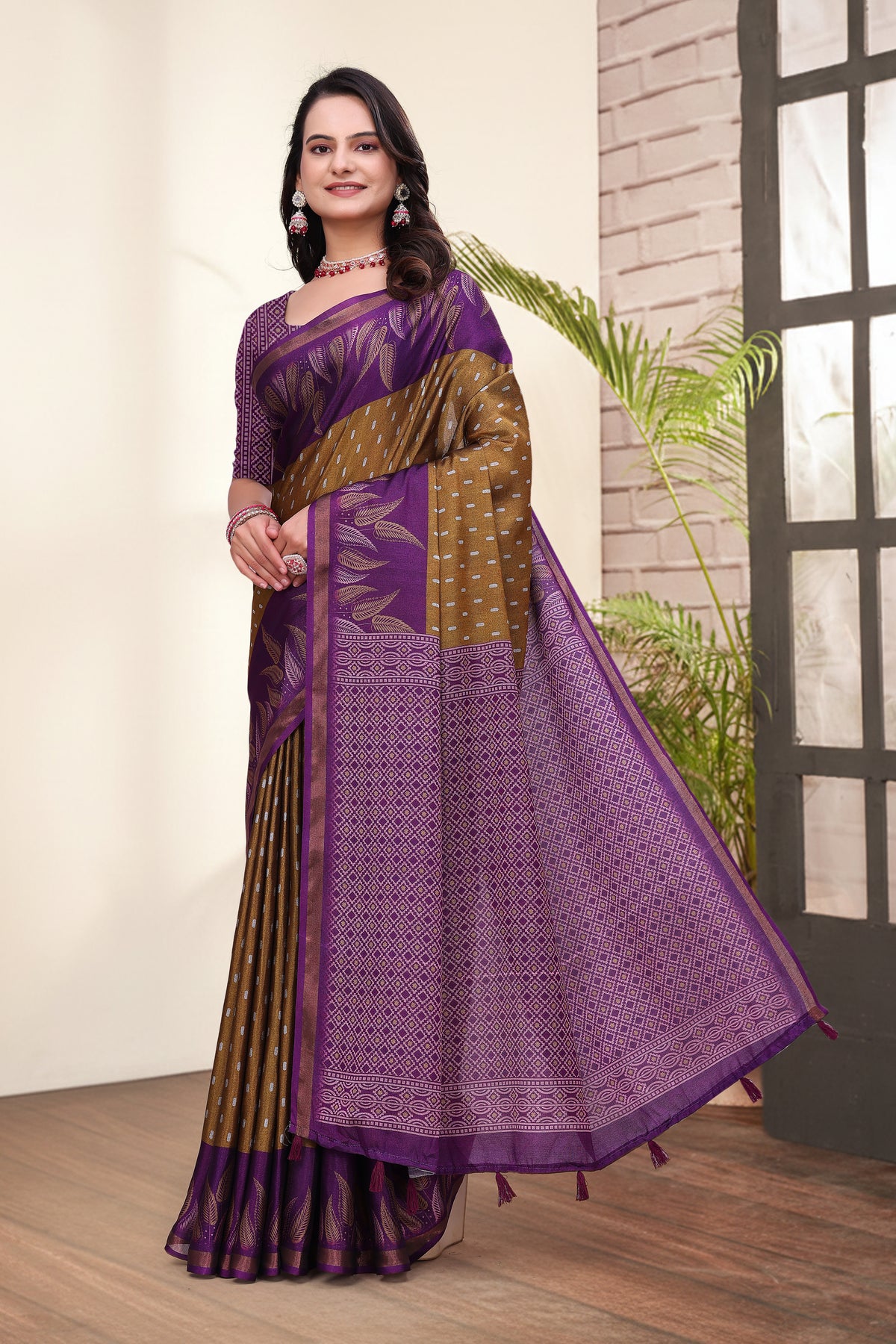 Purple Mal Cotton Printed Saree &amp; Blouse Set for Women