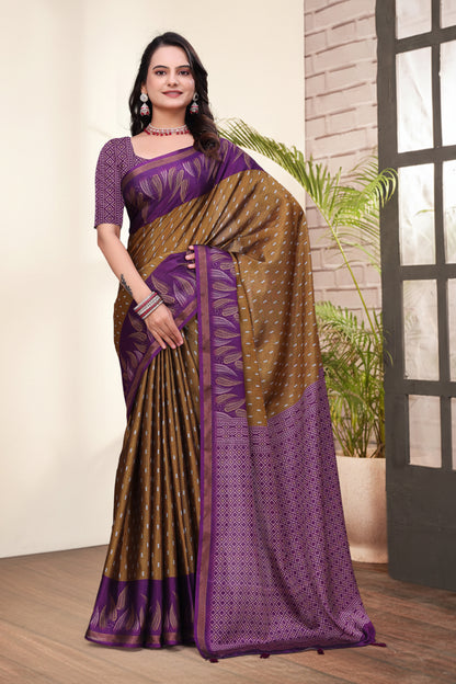 Purple Mal Cotton Printed Saree &amp; Blouse Set for Women
