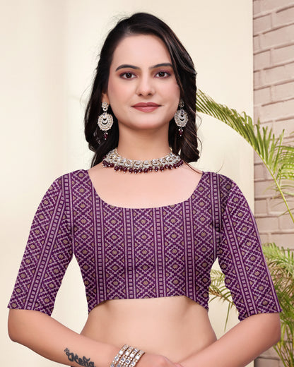 Purple Mal Cotton Printed Saree &amp; Blouse Set for Women