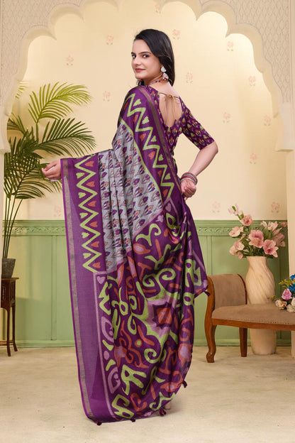 Purple Mal Cotton Patterned Saree with Blouse - 2 for Women