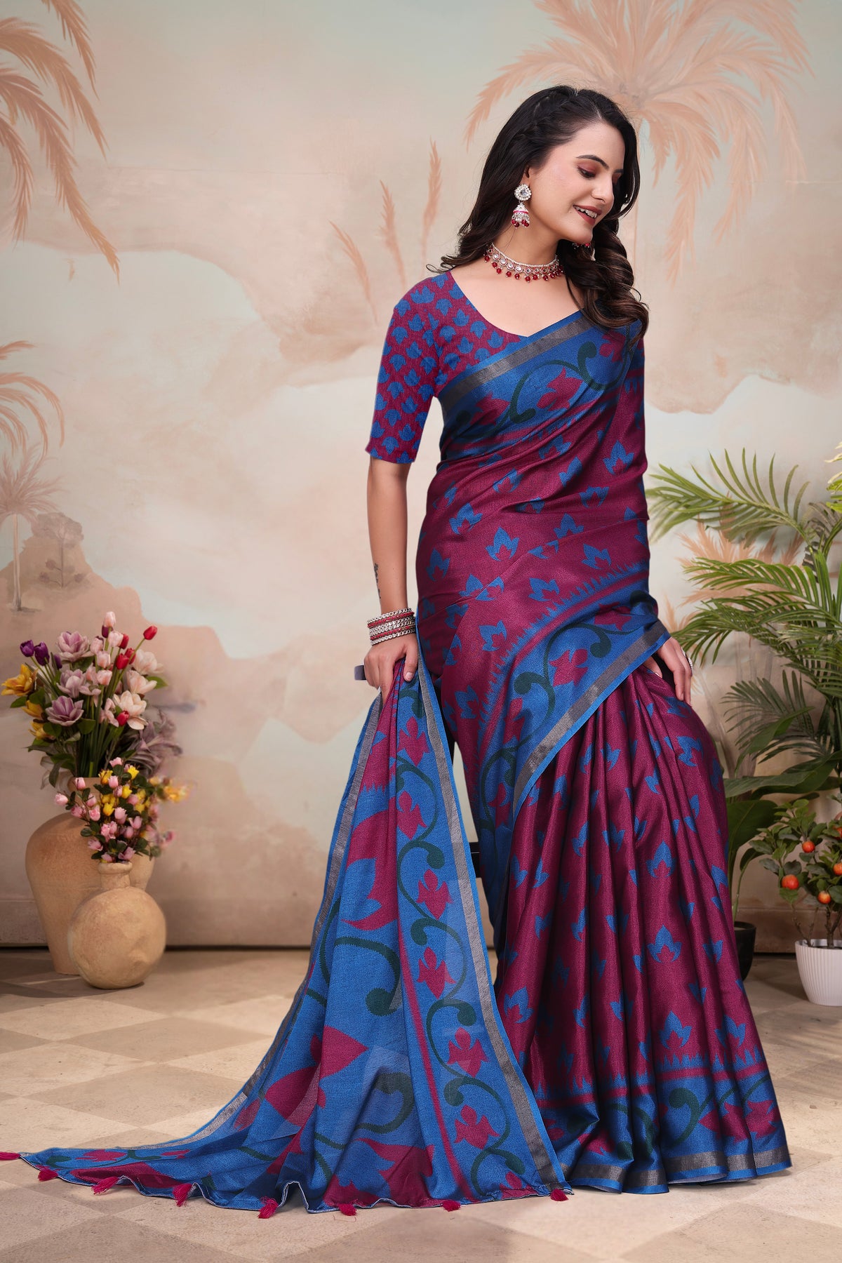 Wine Blue Mal Cotton Floral Saree With Blouse for Women
