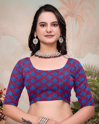 Wine Blue Mal Cotton Floral Saree With Blouse for Women