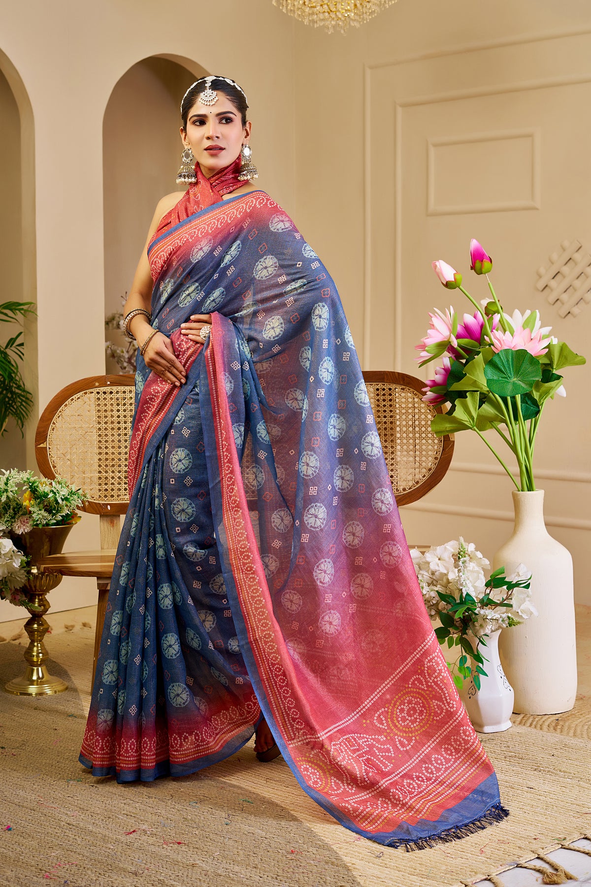 Blue Tissue Handloom Cotton Saree With Zari &