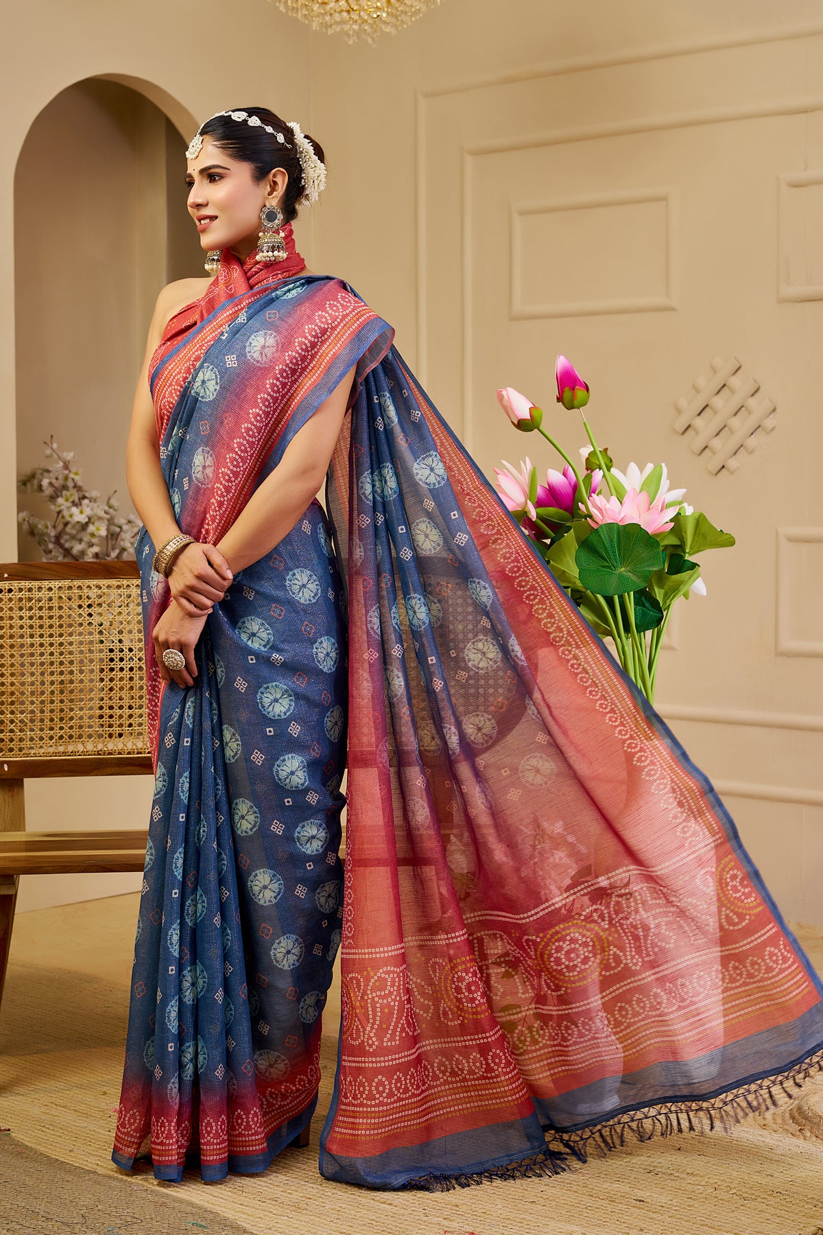 Blue Tissue Handloom Cotton Saree With Zari &
