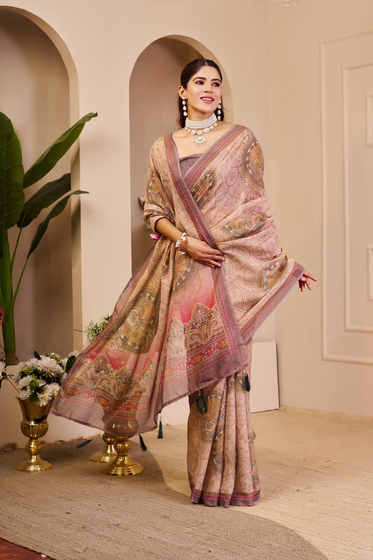 Pink Tissue Cotton Saree With Paisley Print for Women