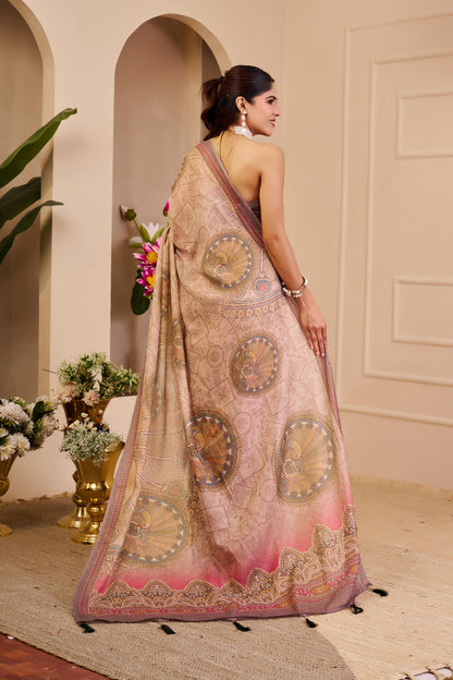 Pink Tissue Cotton Saree With Paisley Print for Women