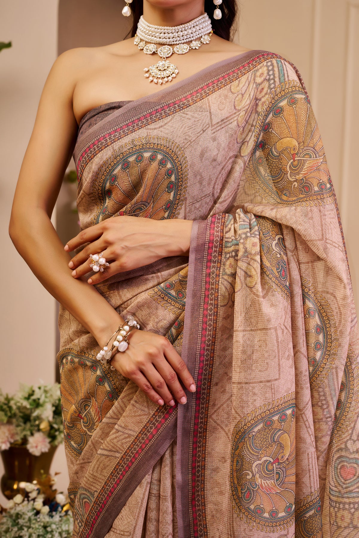 Pink Tissue Cotton Saree With Paisley Print for Women