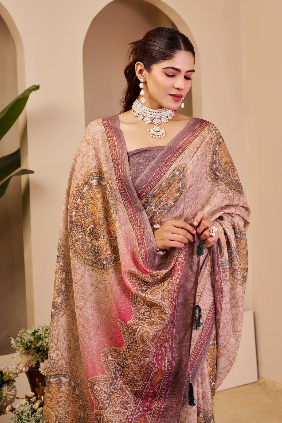 Pink Tissue Cotton Saree With Paisley Print for Women