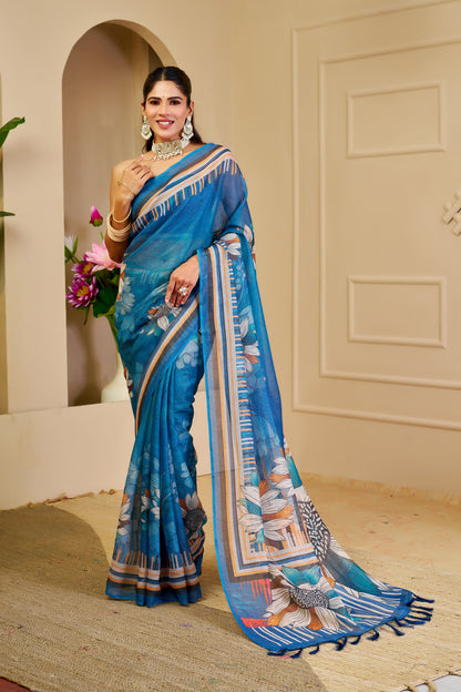 Blue Tissue Handloom Cotton Saree With Floral Print for Women