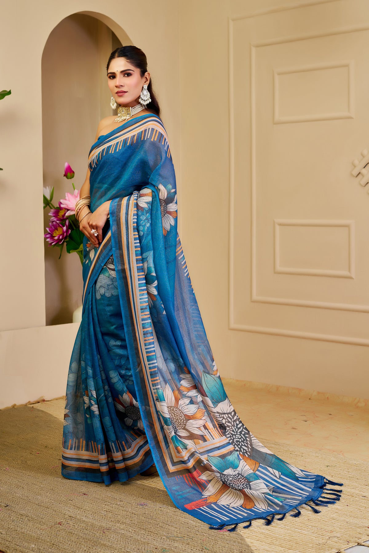 Blue Tissue Handloom Cotton Saree With Floral Print for Women