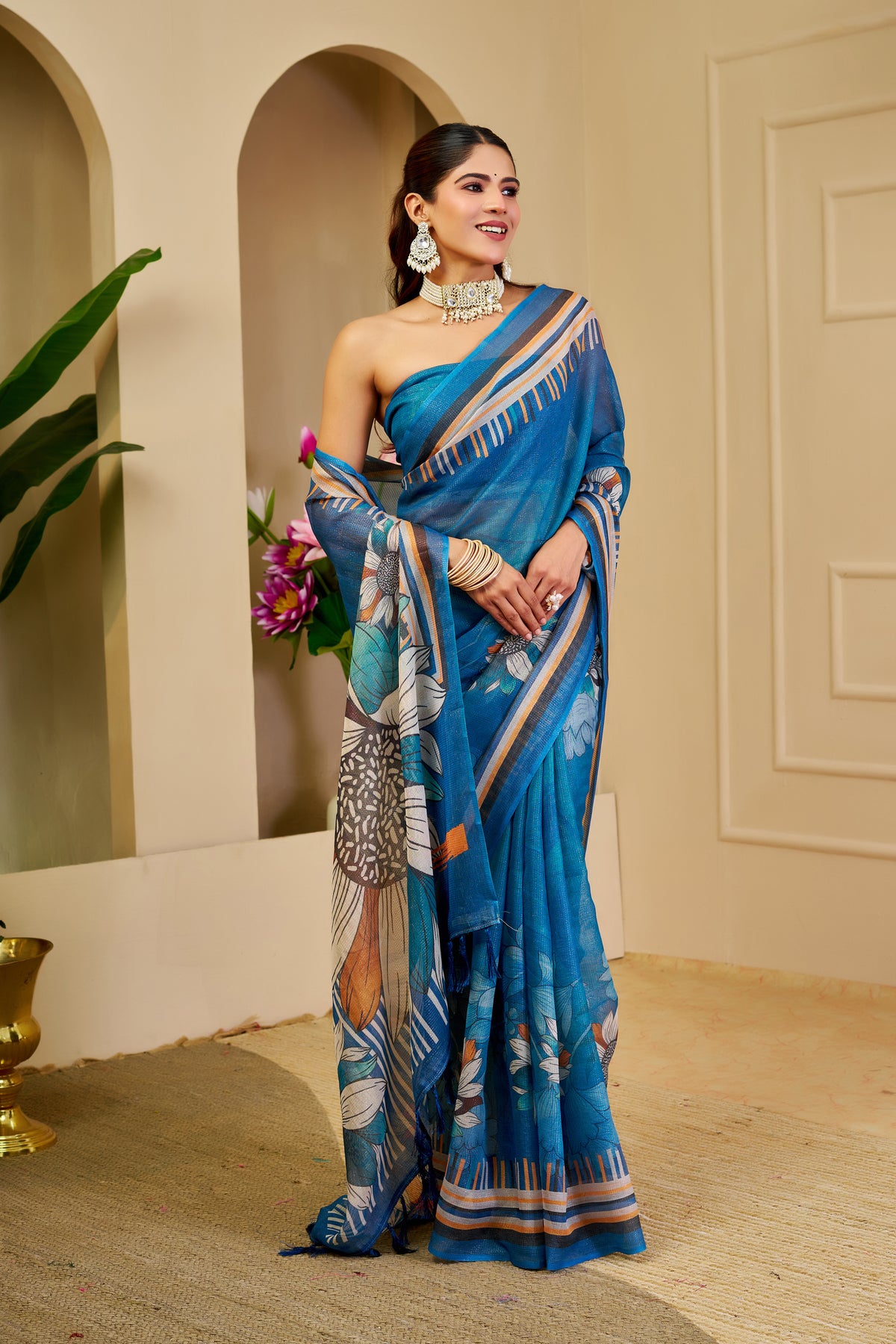 Blue Tissue Handloom Cotton Saree With Floral Print for Women