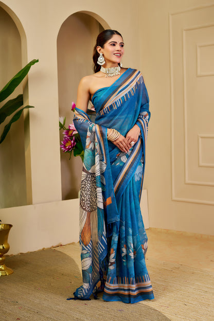 Blue Tissue Handloom Cotton Saree With Floral Print for Women