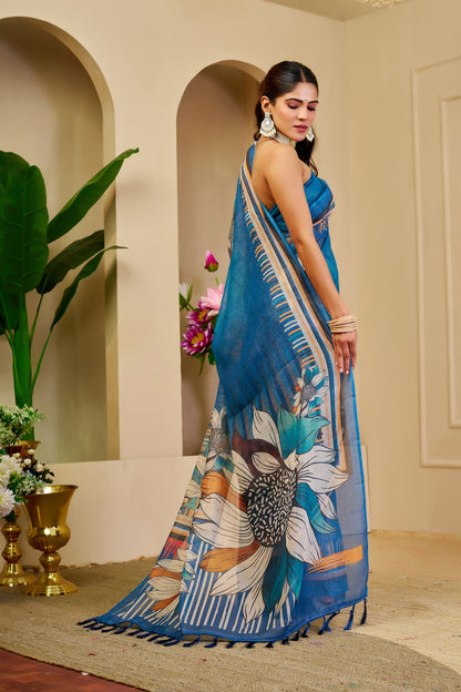 Blue Tissue Handloom Cotton Saree With Floral Print for Women