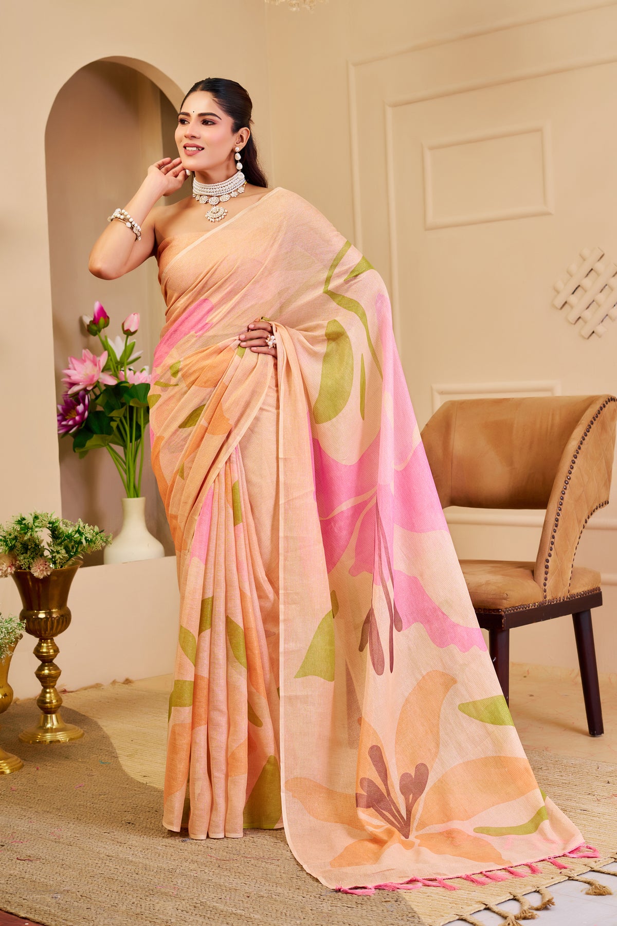 Peach Tissue Cotton Saree With Floral Print for Women