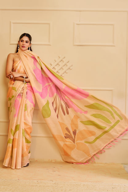 Peach Tissue Cotton Saree With Floral Print for Women
