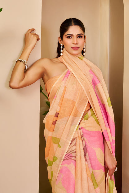 Peach Tissue Cotton Saree With Floral Print for Women