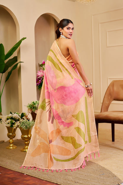 Peach Tissue Cotton Saree With Floral Print for Women