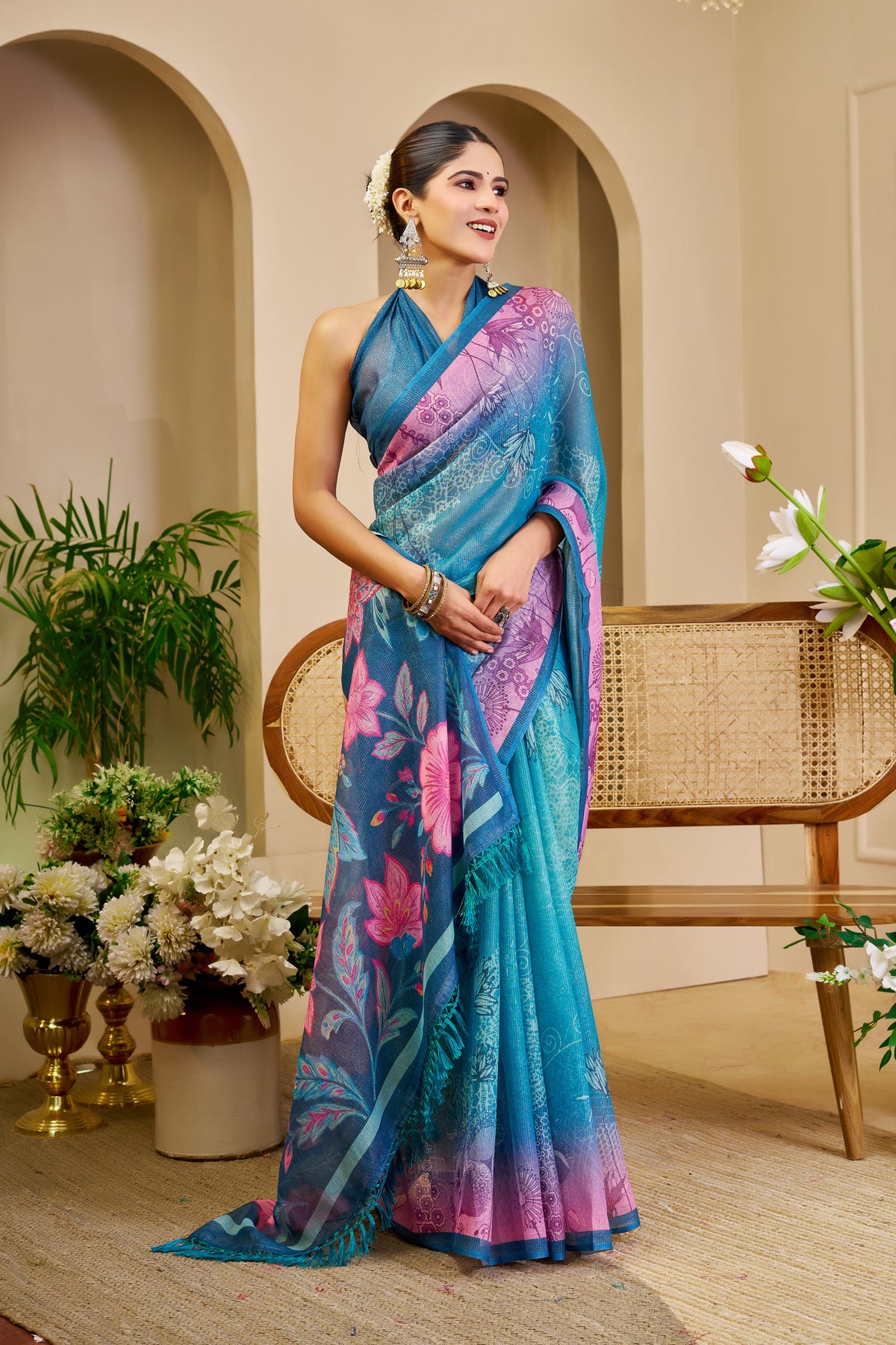 Blue Tissue Cotton Saree With Floral Print for Women