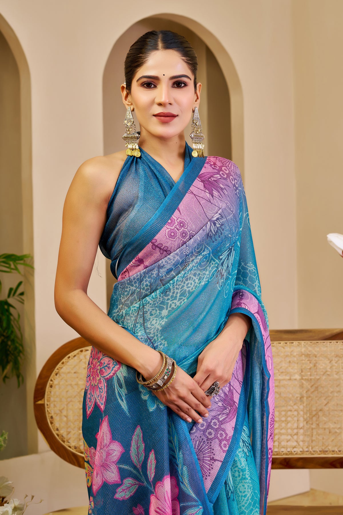 Blue Tissue Cotton Saree With Floral Print for Women
