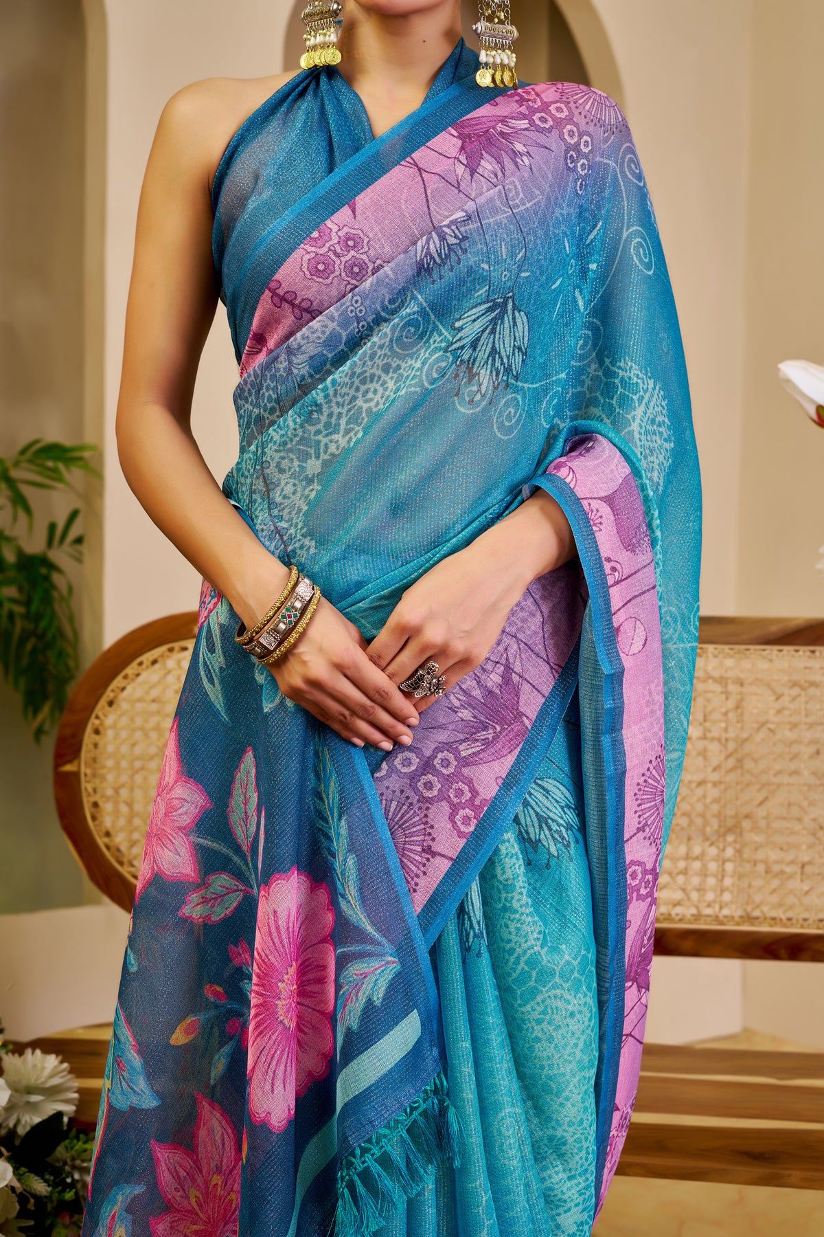 Blue Tissue Cotton Saree With Floral Print for Women