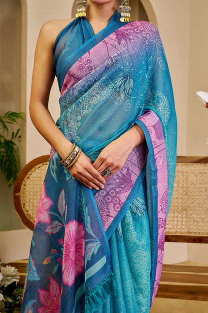 Blue Tissue Cotton Saree With Floral Print for Women