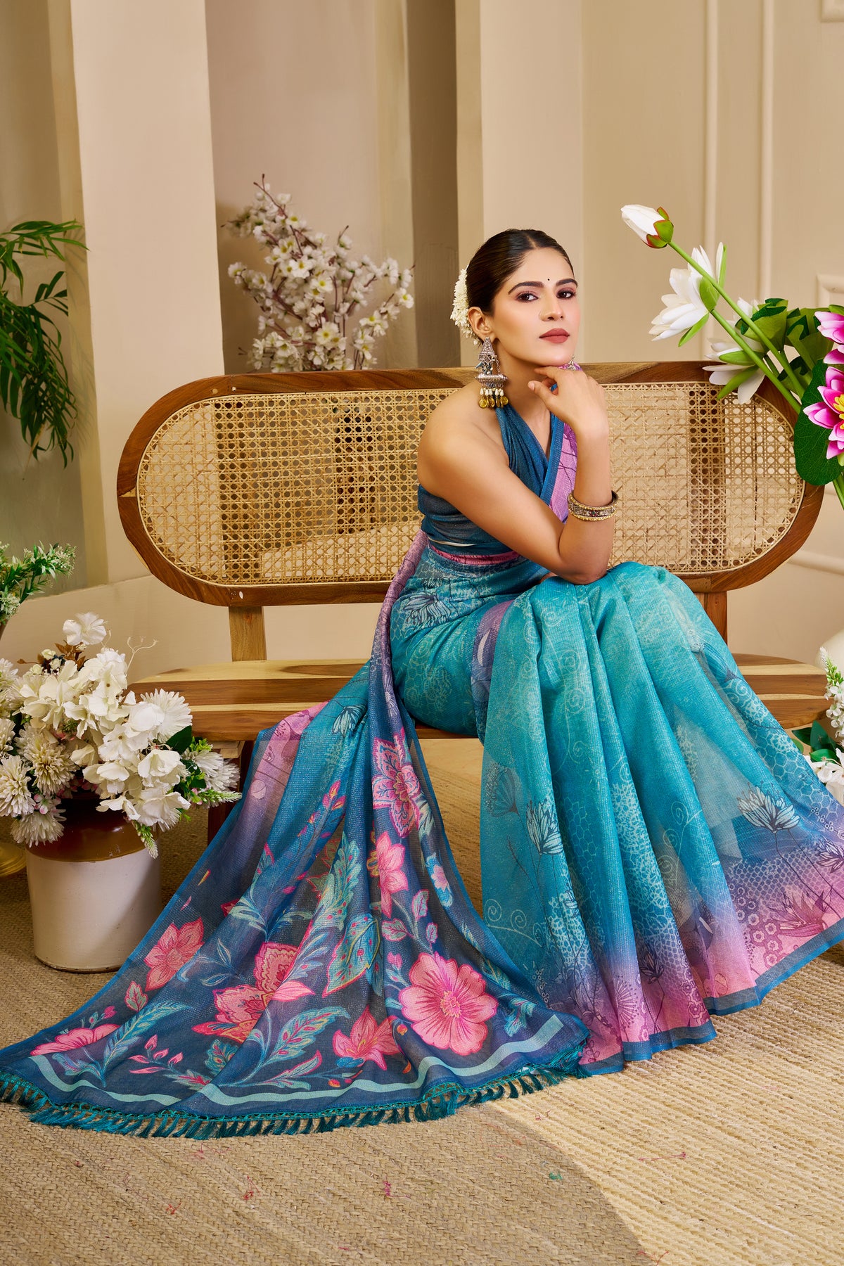 Blue Tissue Cotton Saree With Floral Print for Women