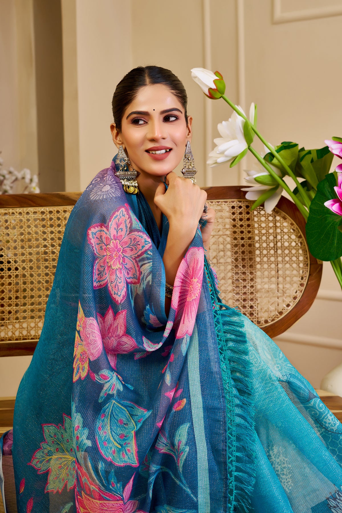 Blue Tissue Cotton Saree With Floral Print for Women