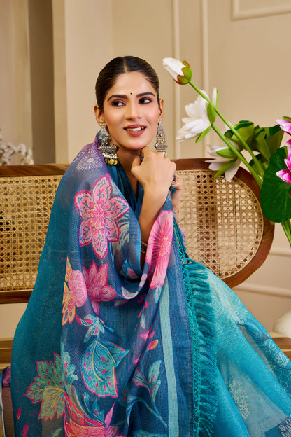 Blue Tissue Cotton Saree With Floral Print for Women