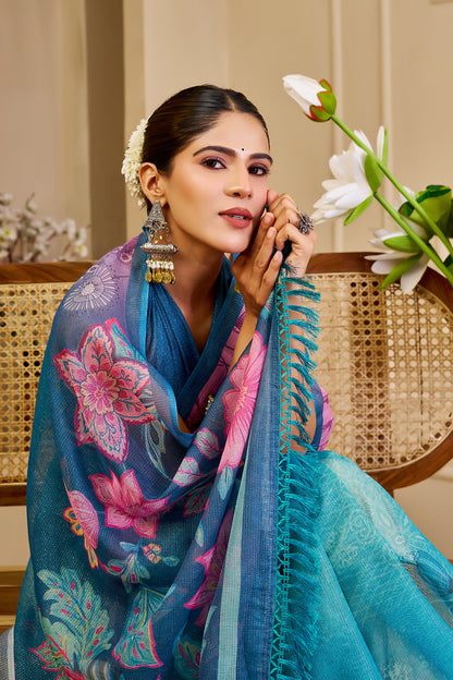 Blue Tissue Cotton Saree With Floral Print for Women