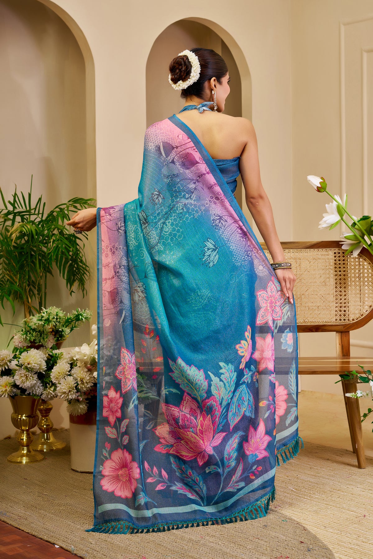 Blue Tissue Cotton Saree With Floral Print for Women