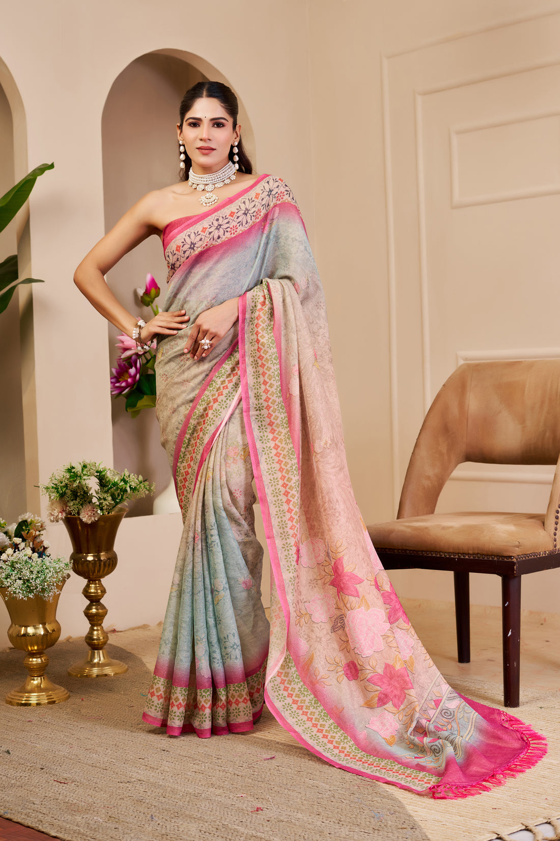 Cream Tissue Cotton Saree With Floral Print &