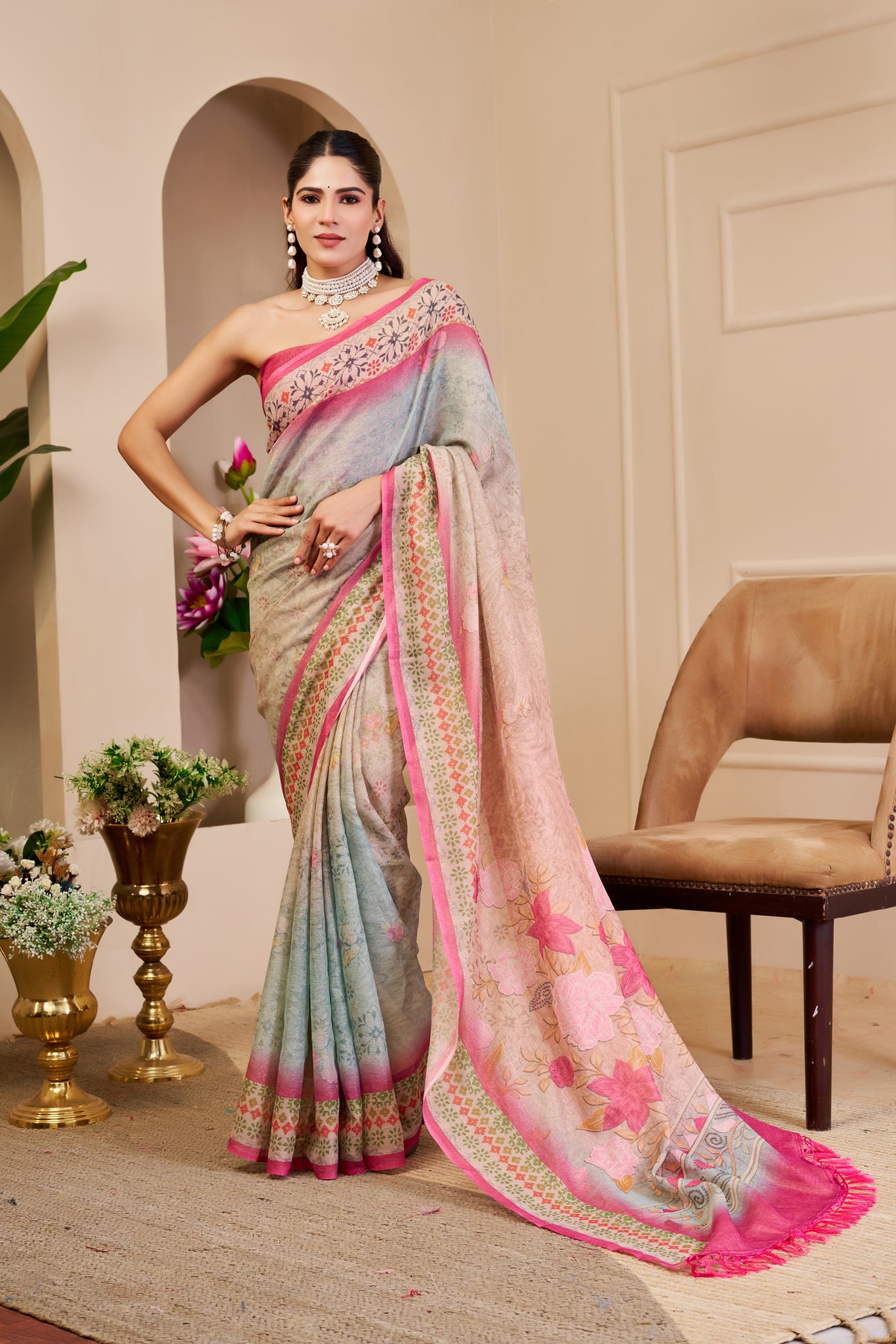 Cream Tissue Cotton Saree With Floral Print &