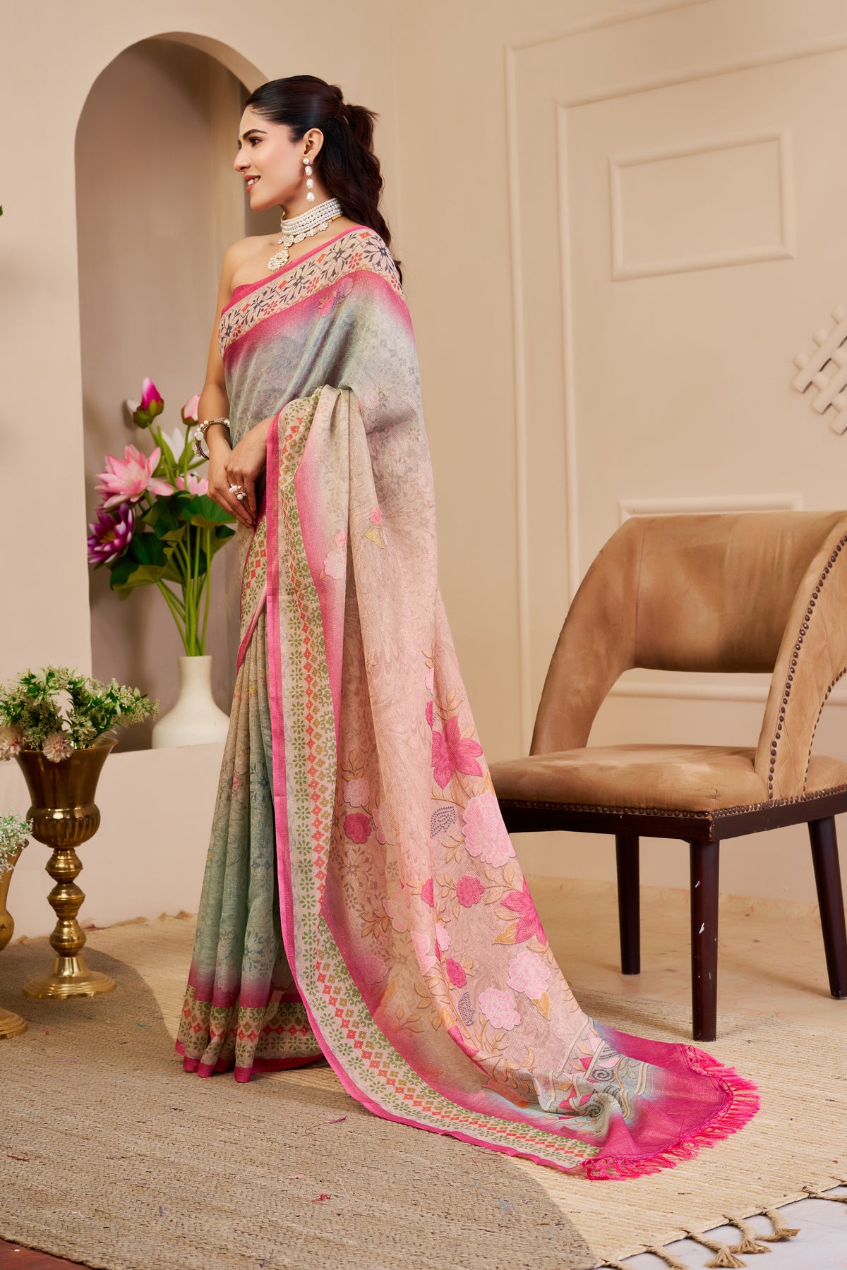 Cream Tissue Cotton Saree With Floral Print &