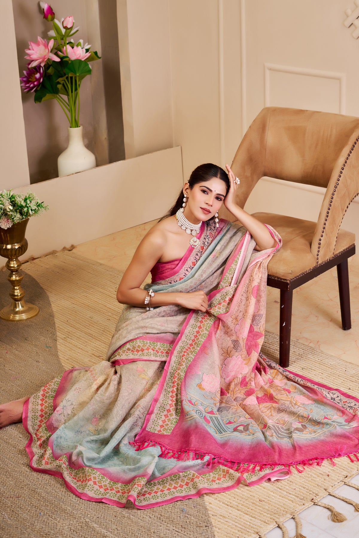 Cream Tissue Cotton Saree With Floral Print &
