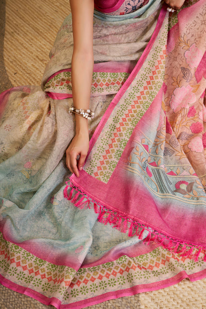 Cream Tissue Cotton Saree With Floral Print &
