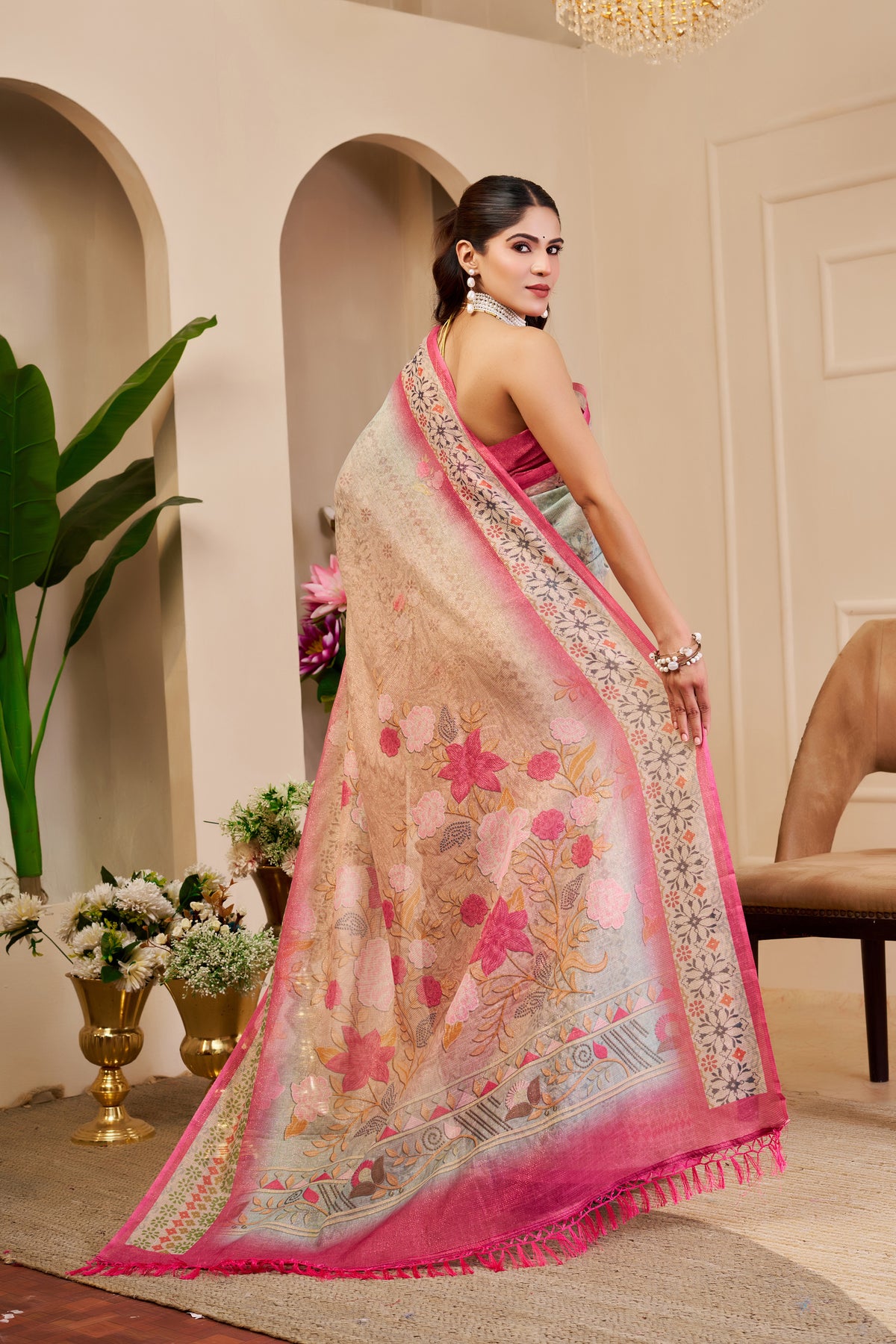 Cream Tissue Cotton Saree With Floral Print &