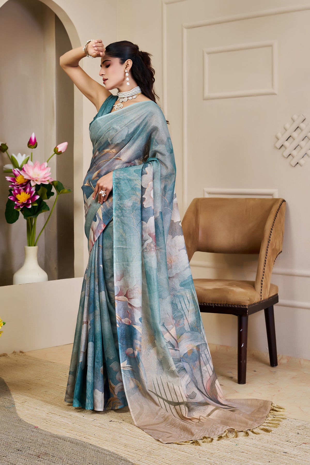 Teal Tissue Cotton Saree With Floral Print - 2 for Women