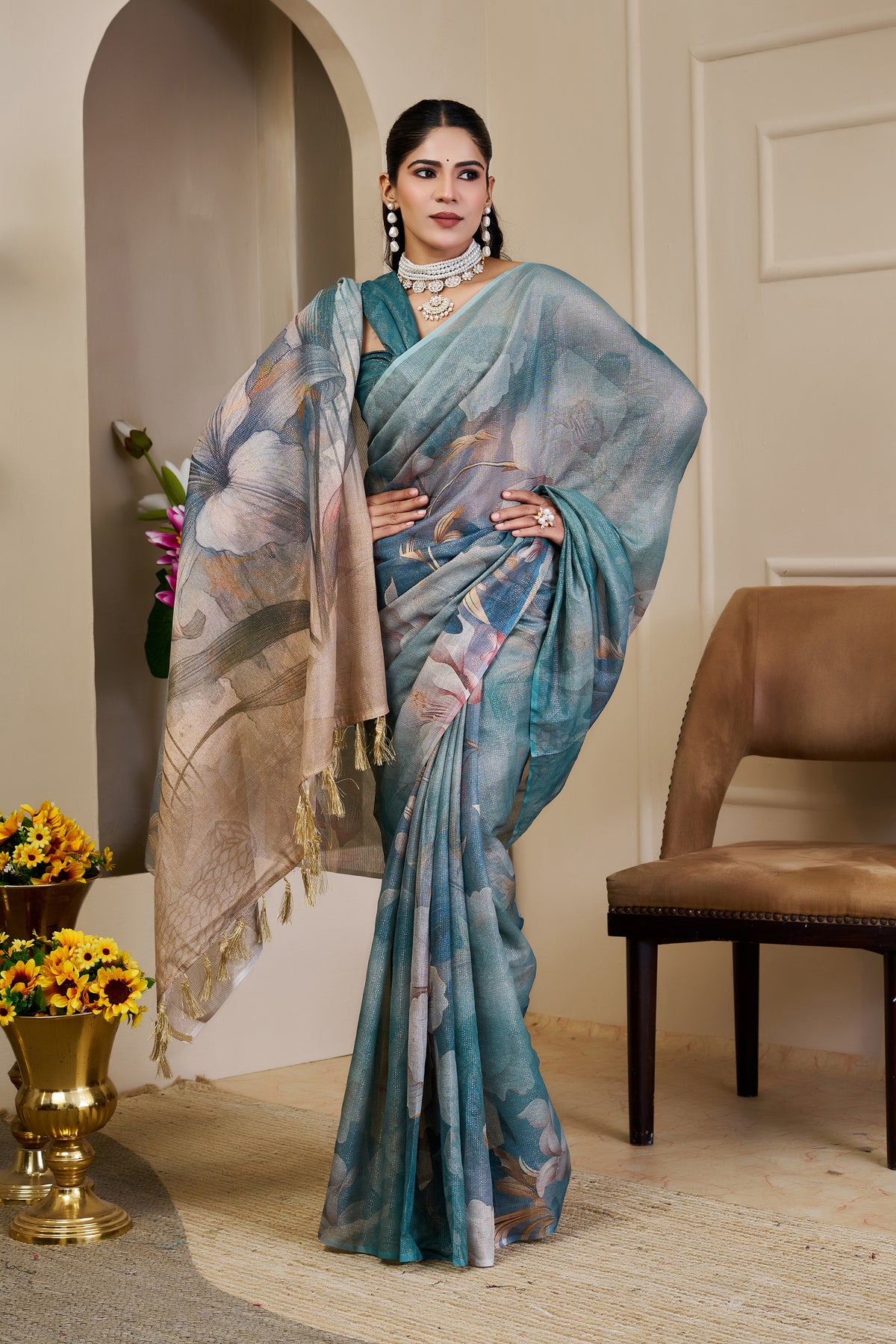 Teal Tissue Cotton Saree With Floral Print - 2 for Women